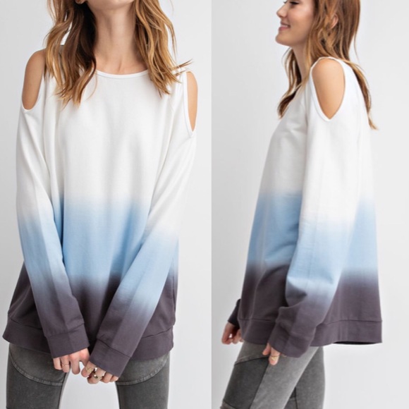 Terry Knit Blue Ombré Tie Dyed Cold Shoulder Top! - Picture 2 of 10